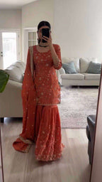Designer Dark Rusty Orange Top-Sharara Set - Fully Stitched Ready-to-Wear Outfit