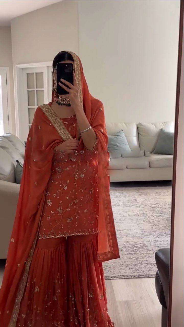 Designer Dark Rusty Orange Top-Sharara Set - Fully Stitched Ready-to-Wear Outfit