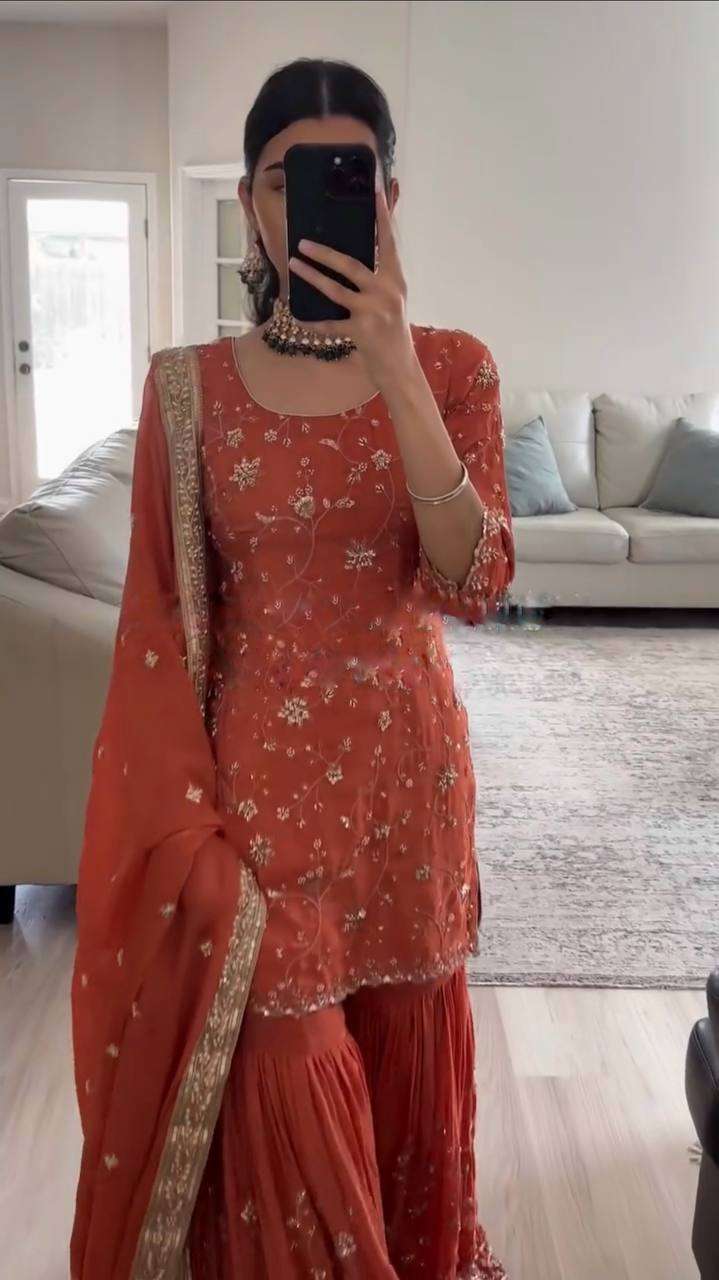 Designer Dark Rusty Orange Top-Sharara Set - Fully Stitched Ready-to-Wear Outfit