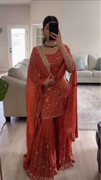 Designer Dark Rusty Orange Top-Sharara Set - Fully Stitched Ready-to-Wear Outfit