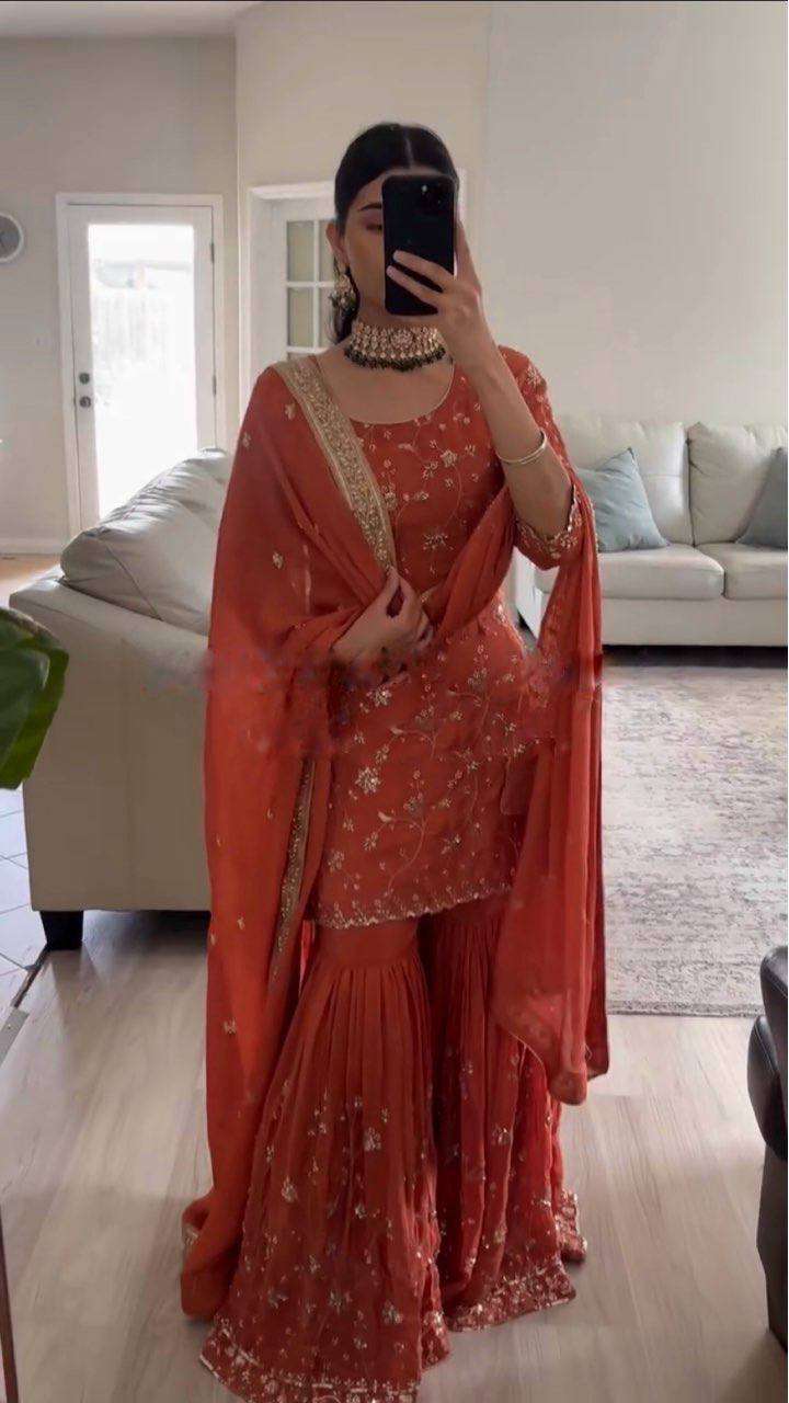 Designer Dark Rusty Orange Top-Sharara Set - Fully Stitched Ready-to-Wear Outfit