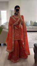 Designer Dark Rusty Orange Top-Sharara Set - Fully Stitched Ready-to-Wear Outfit