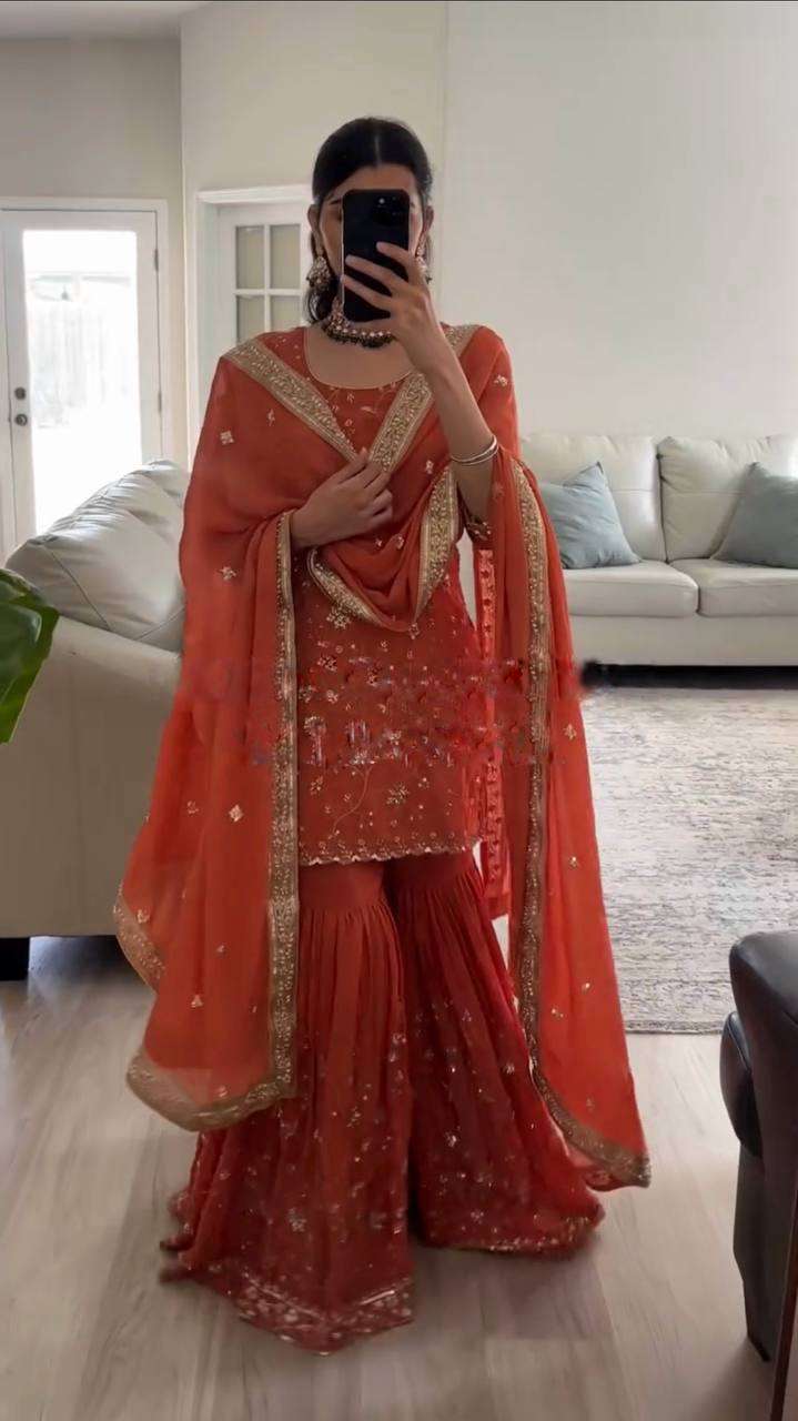 Designer Dark Rusty Orange Top-Sharara Set - Fully Stitched Ready-to-Wear Outfit
