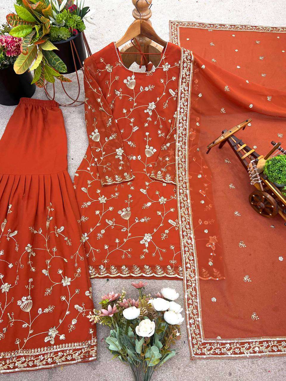 Designer Dark Rusty Orange Top-Sharara Set - Fully Stitched Ready-to-Wear Outfit