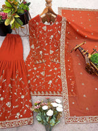 Designer Dark Rusty Orange Top-Sharara Set - Fully Stitched Ready-to-Wear Outfit