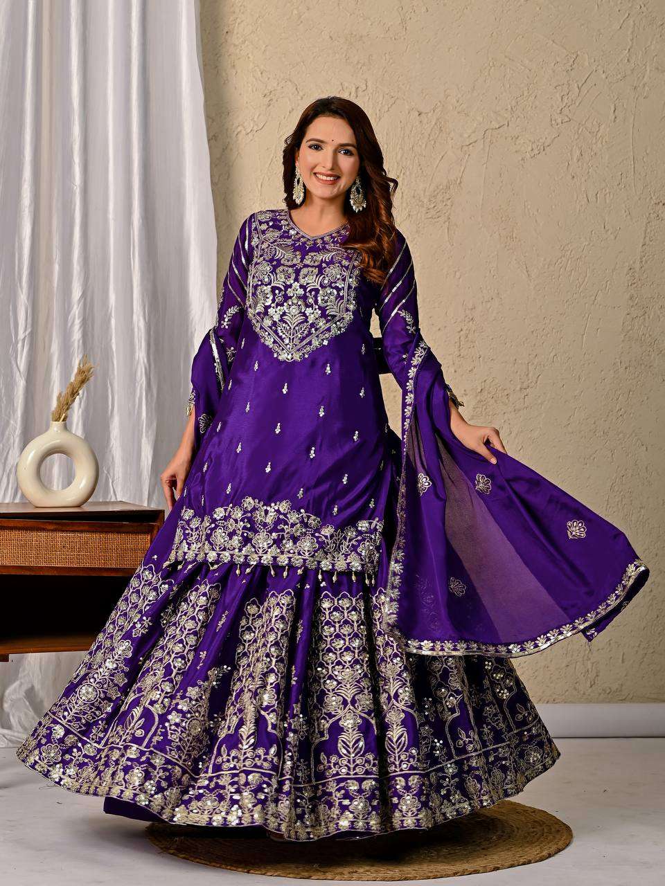 Ethnic Festive Wear Purple Lehenga in Premium Chinnon Silk