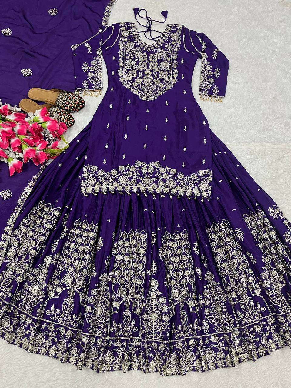 Ethnic Festive Wear Purple Lehenga in Premium Chinnon Silk