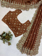 Stunning Cotton Thread Embroidery Saree in Brown