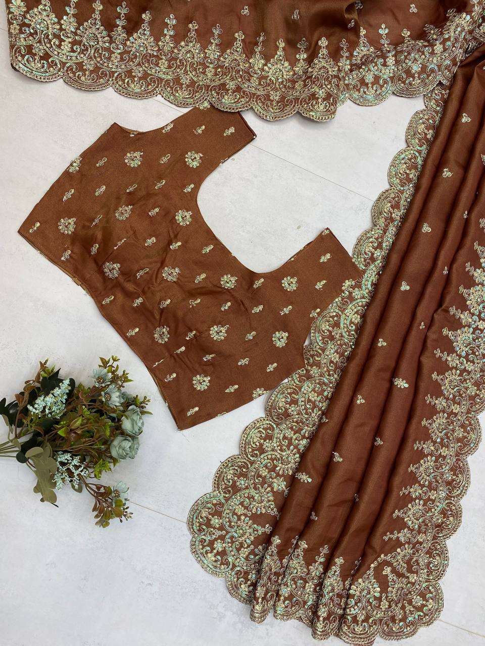 Stunning Cotton Thread Embroidery Saree in Brown