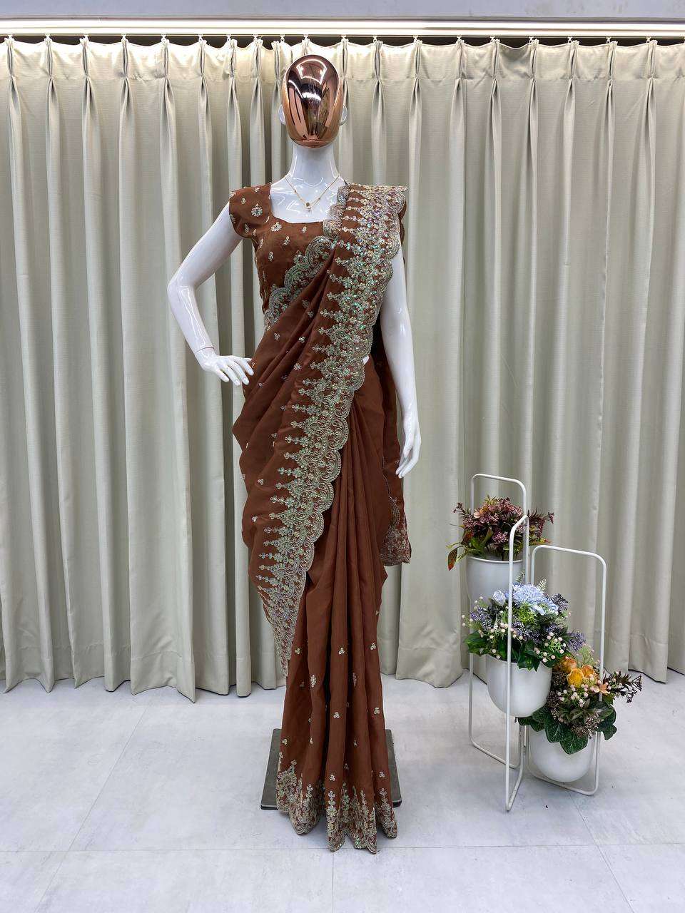 Stunning Cotton Thread Embroidery Saree in Brown