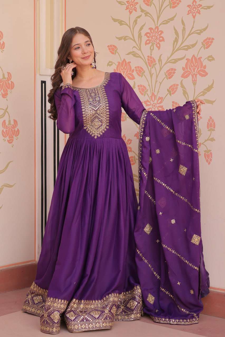 Elegant Purple Designer Gown with Dupatta – Festive Wear Perfection