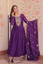 Elegant Purple Designer Gown with Dupatta – Festive Wear Perfection