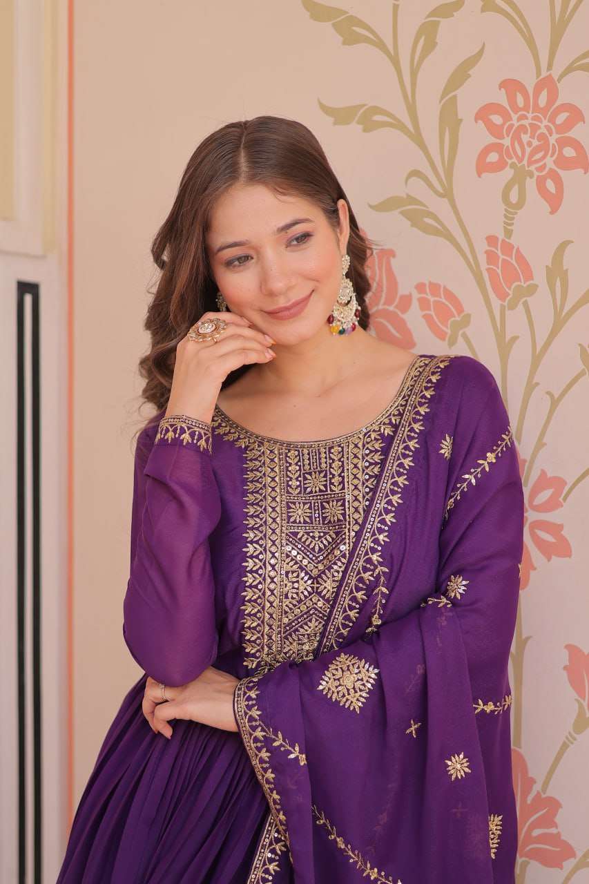 Elegant Purple Designer Gown with Dupatta – Festive Wear Perfection