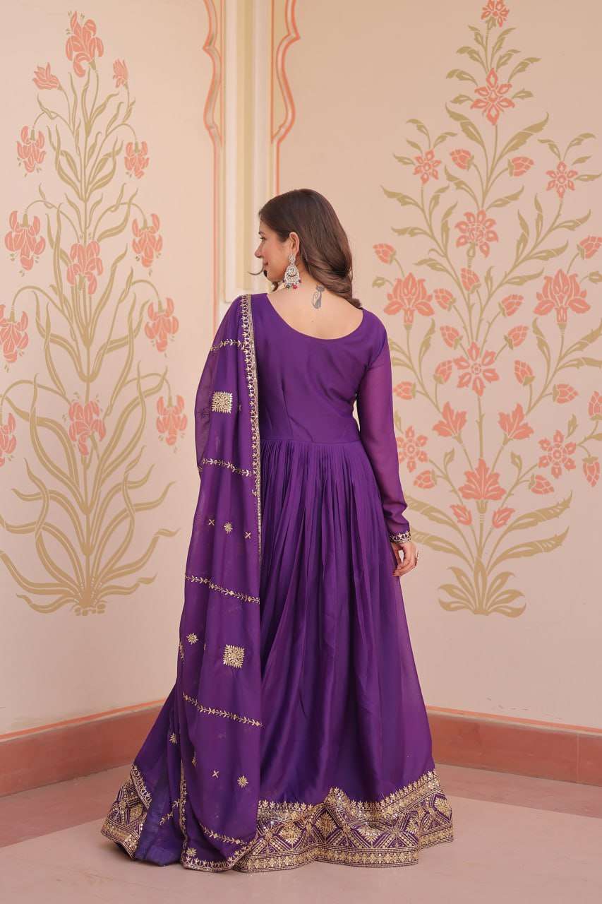Elegant Purple Designer Gown with Dupatta – Festive Wear Perfection