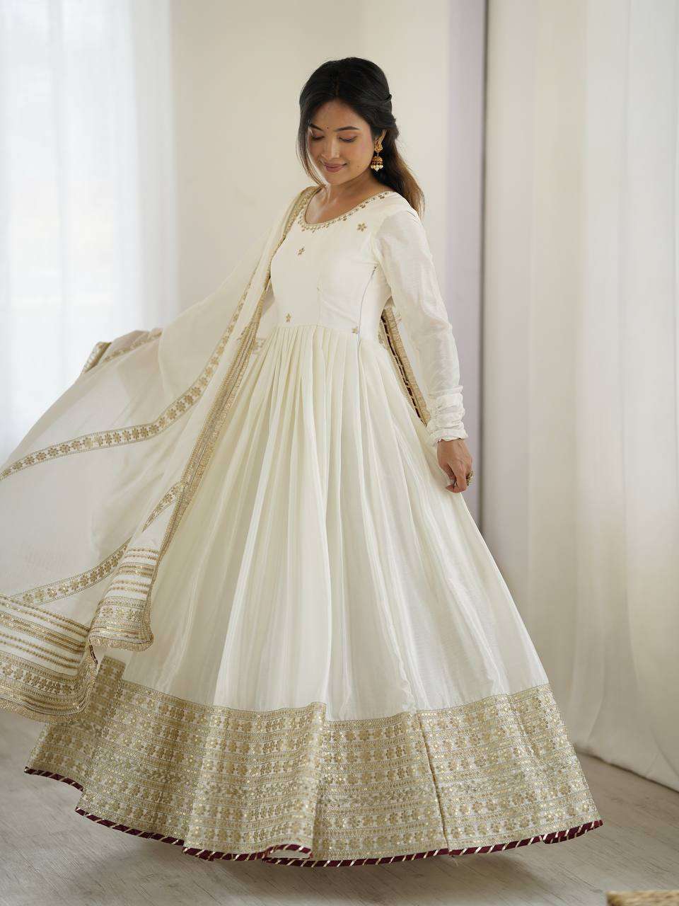 Fully Stitched White Anarkali Gown in Chinon with Dupatta