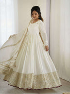 Fully Stitched White Anarkali Gown in Chinon with Dupatta