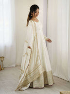 Fully Stitched White Anarkali Gown in Chinon with Dupatta