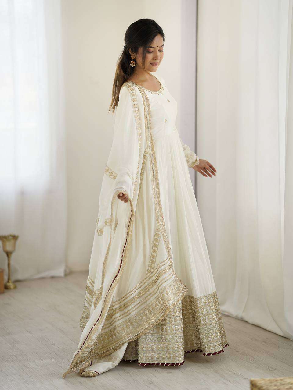 Fully Stitched White Anarkali Gown in Chinon with Dupatta