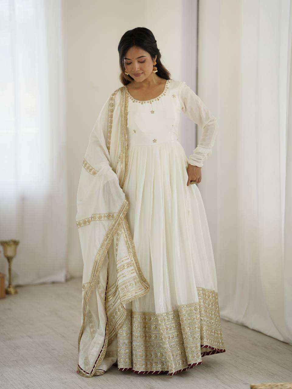 Fully Stitched White Anarkali Gown in Chinon with Dupatta