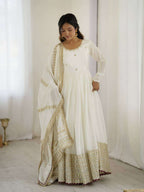 Fully Stitched White Anarkali Gown in Chinon with Dupatta