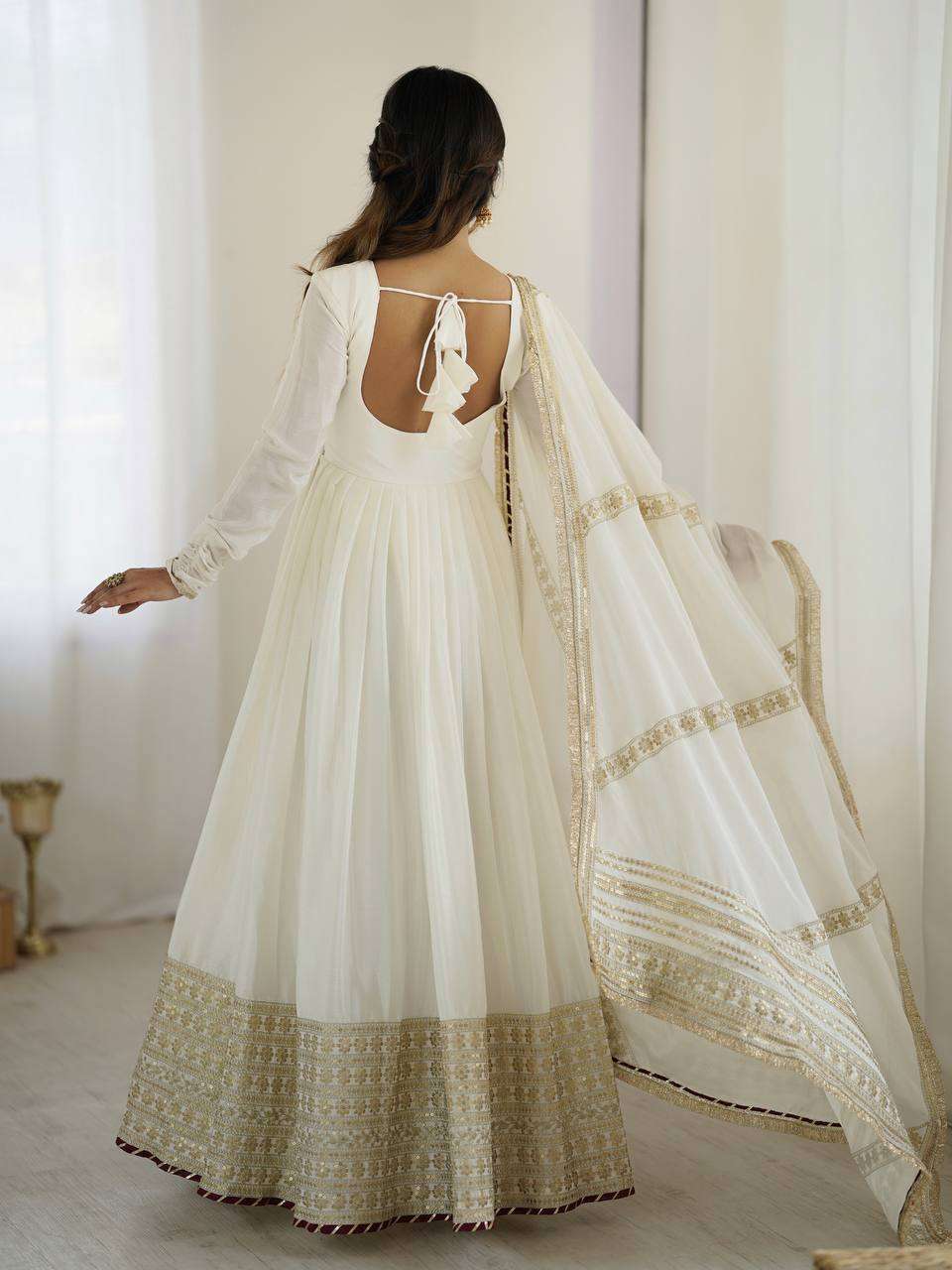 Fully Stitched White Anarkali Gown in Chinon with Dupatta