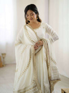 Fully Stitched White Anarkali Gown in Chinon with Dupatta