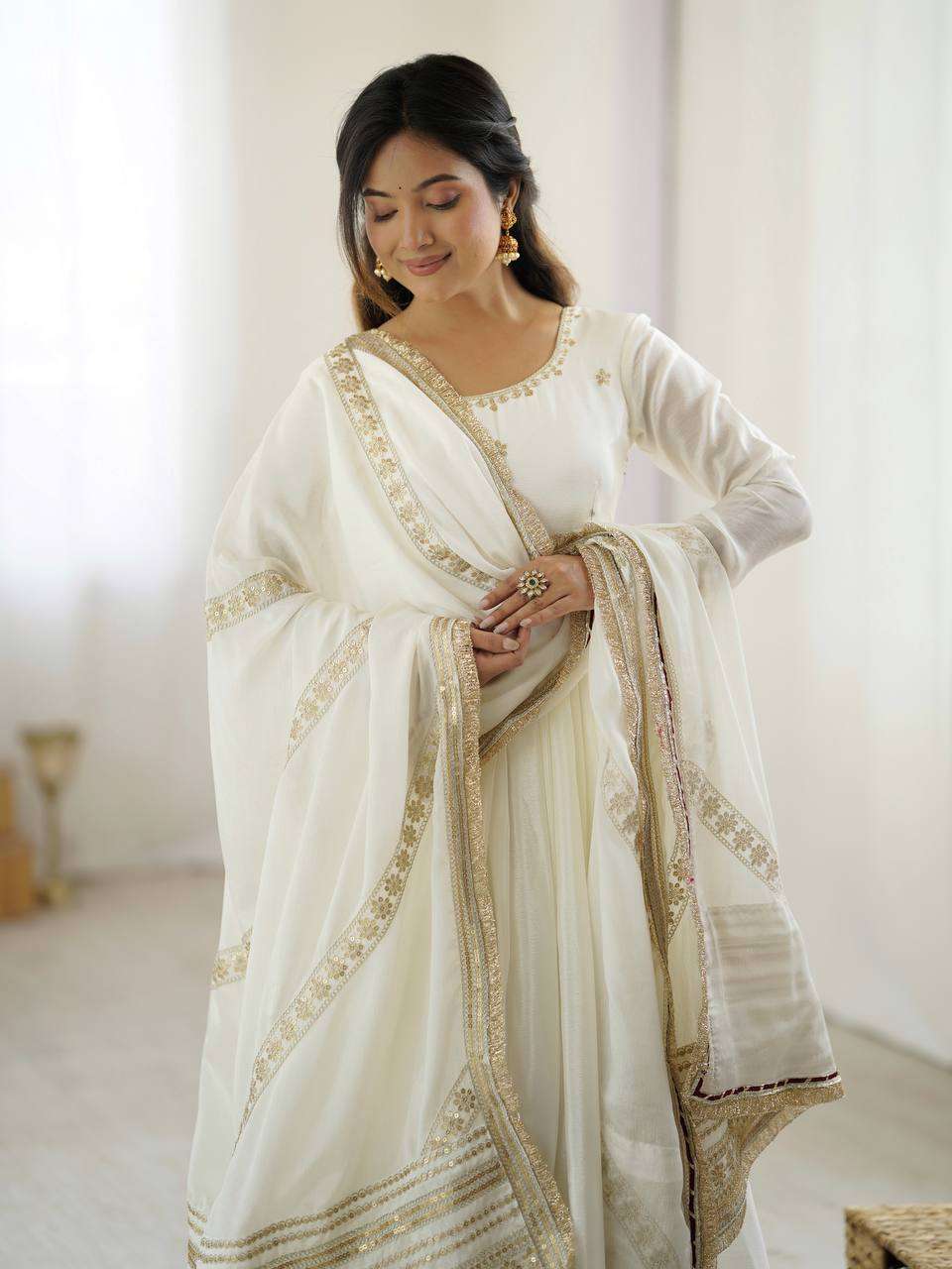 Fully Stitched White Anarkali Gown in Chinon with Dupatta