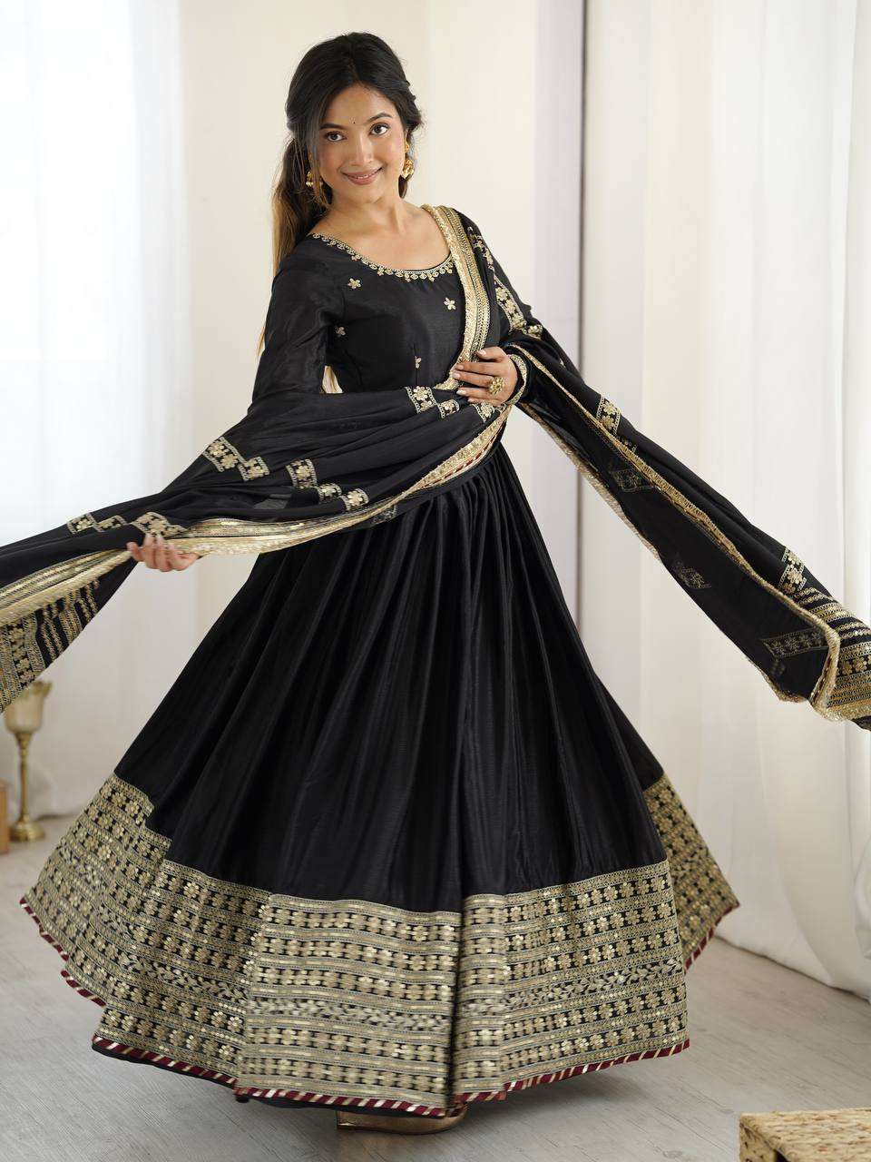 Thread & Sequence Work Anarkali Dress in Chinon Silk