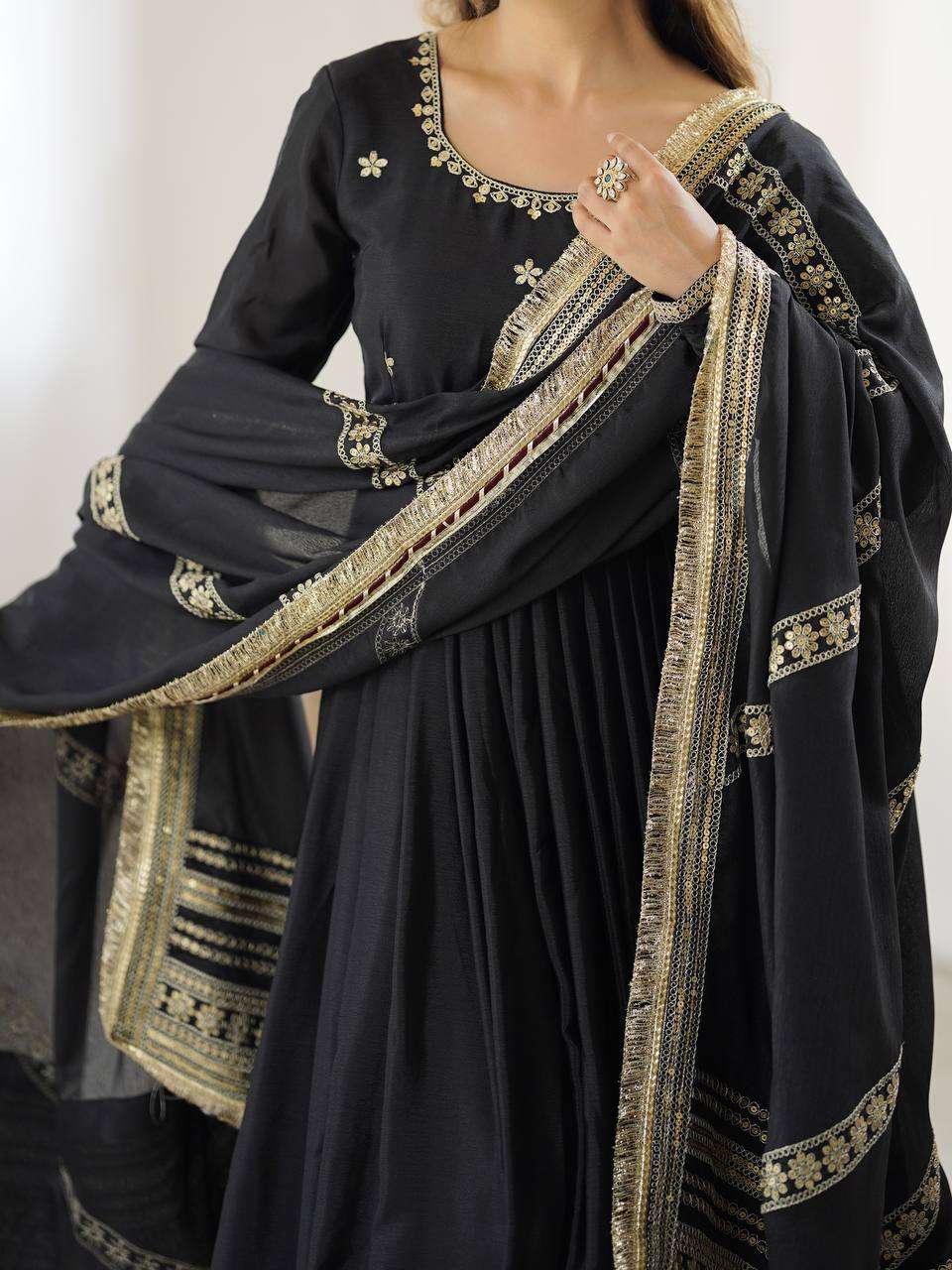 Thread & Sequence Work Anarkali Dress in Chinon Silk