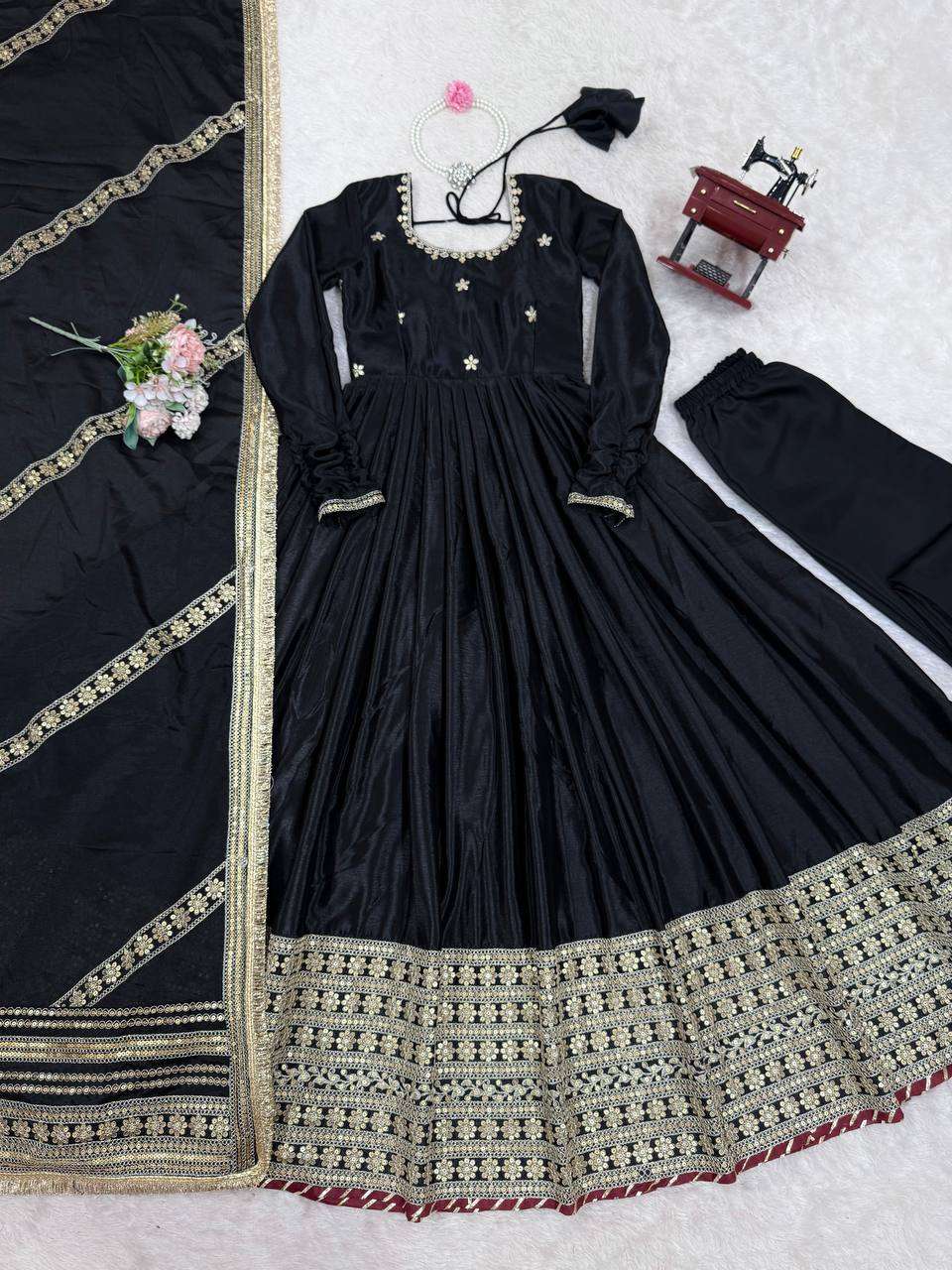 Thread & Sequence Work Anarkali Dress in Chinon Silk