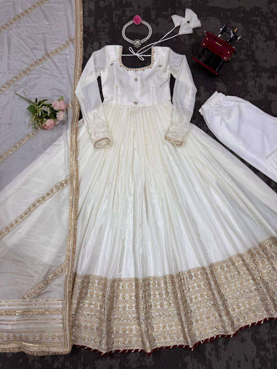 Fully Stitched White Anarkali Gown in Chinon with Dupatta