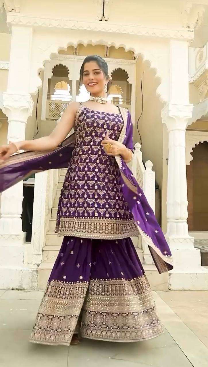 Purple Sharara Suit in Georgette with Dupatta