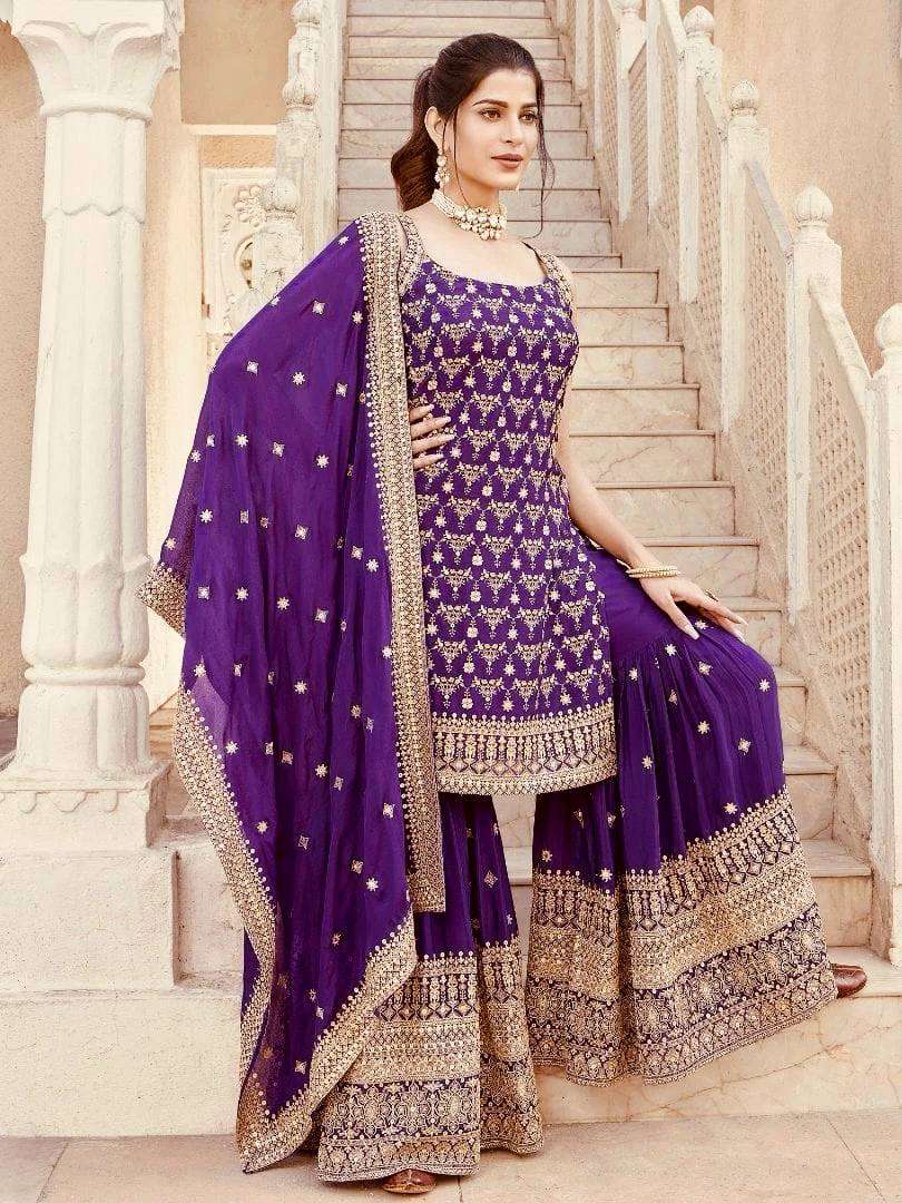 Purple Sharara Suit in Georgette with Dupatta