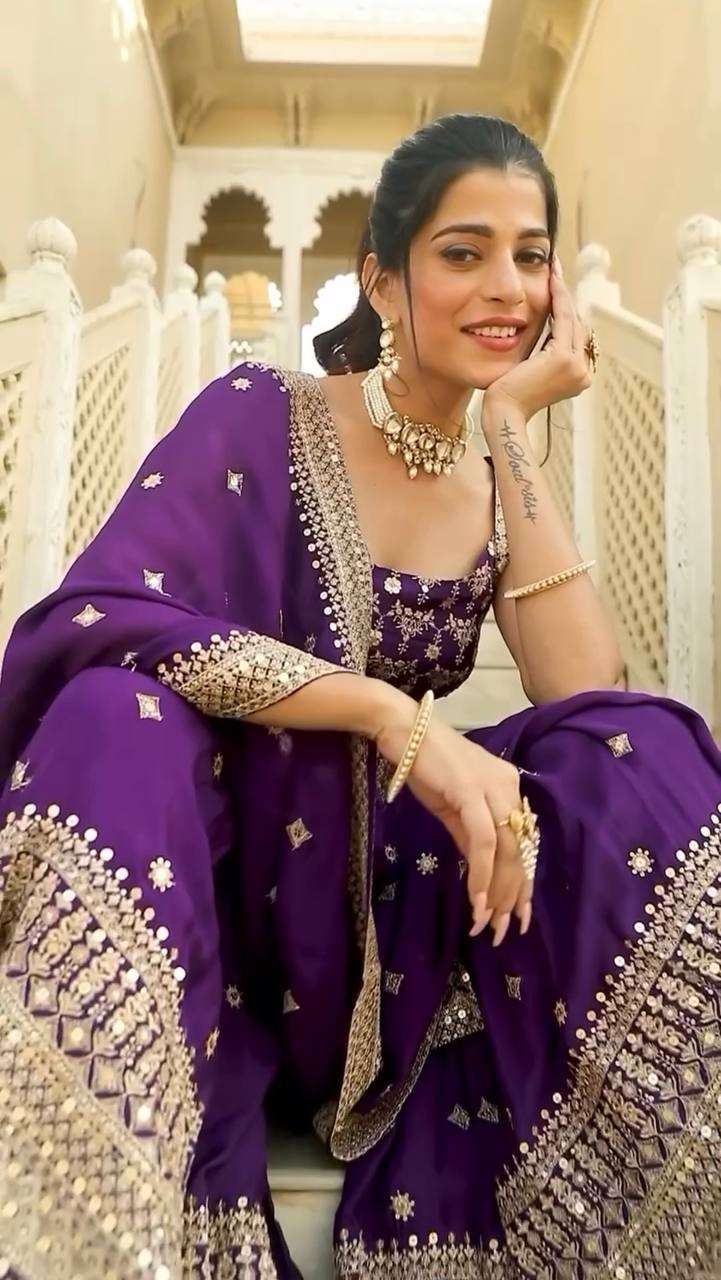 Purple Sharara Suit in Georgette with Dupatta