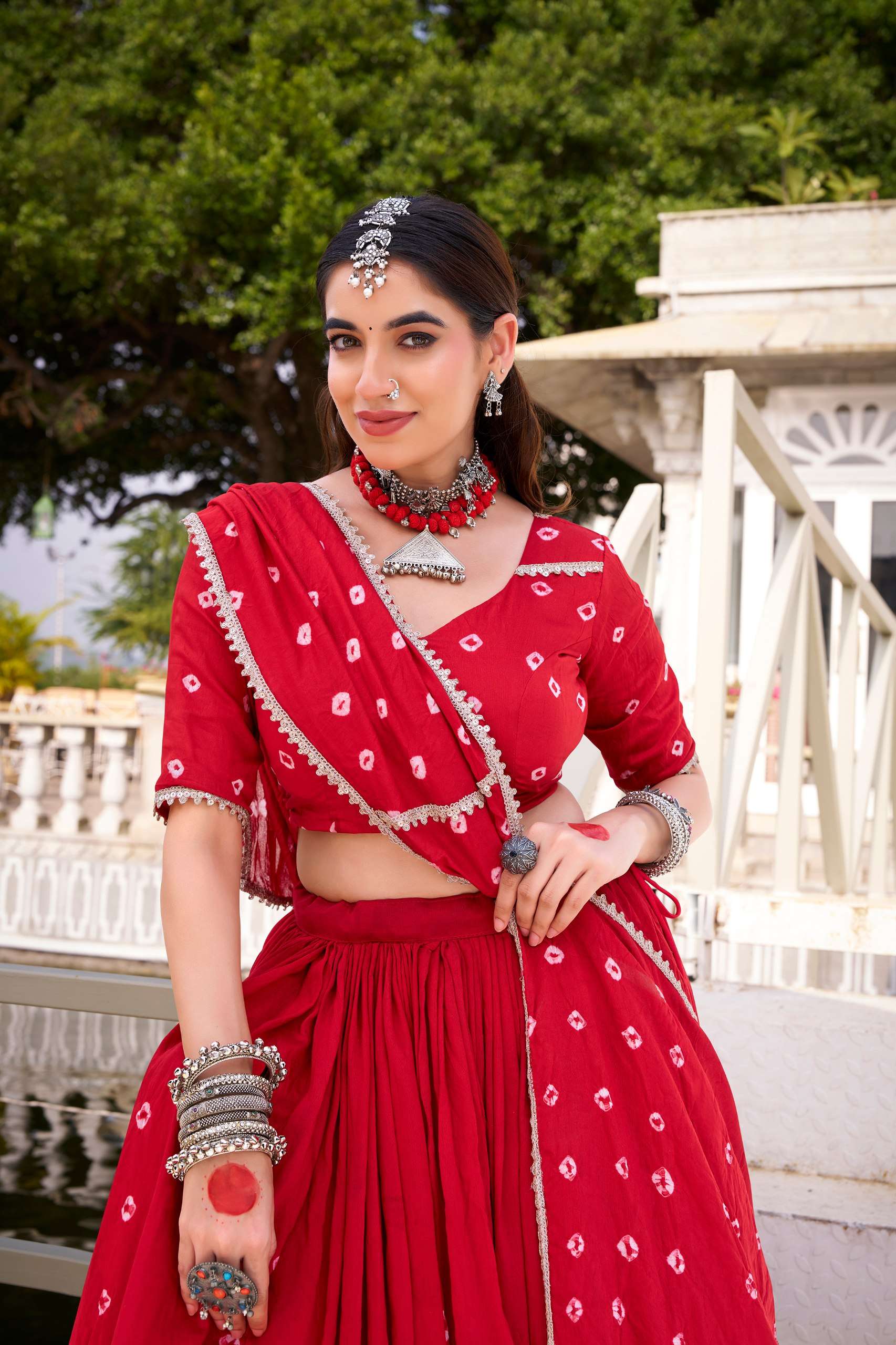 Red Bandhej Chanderi Lehenga – Festive Elegance for Diwali & Weddings