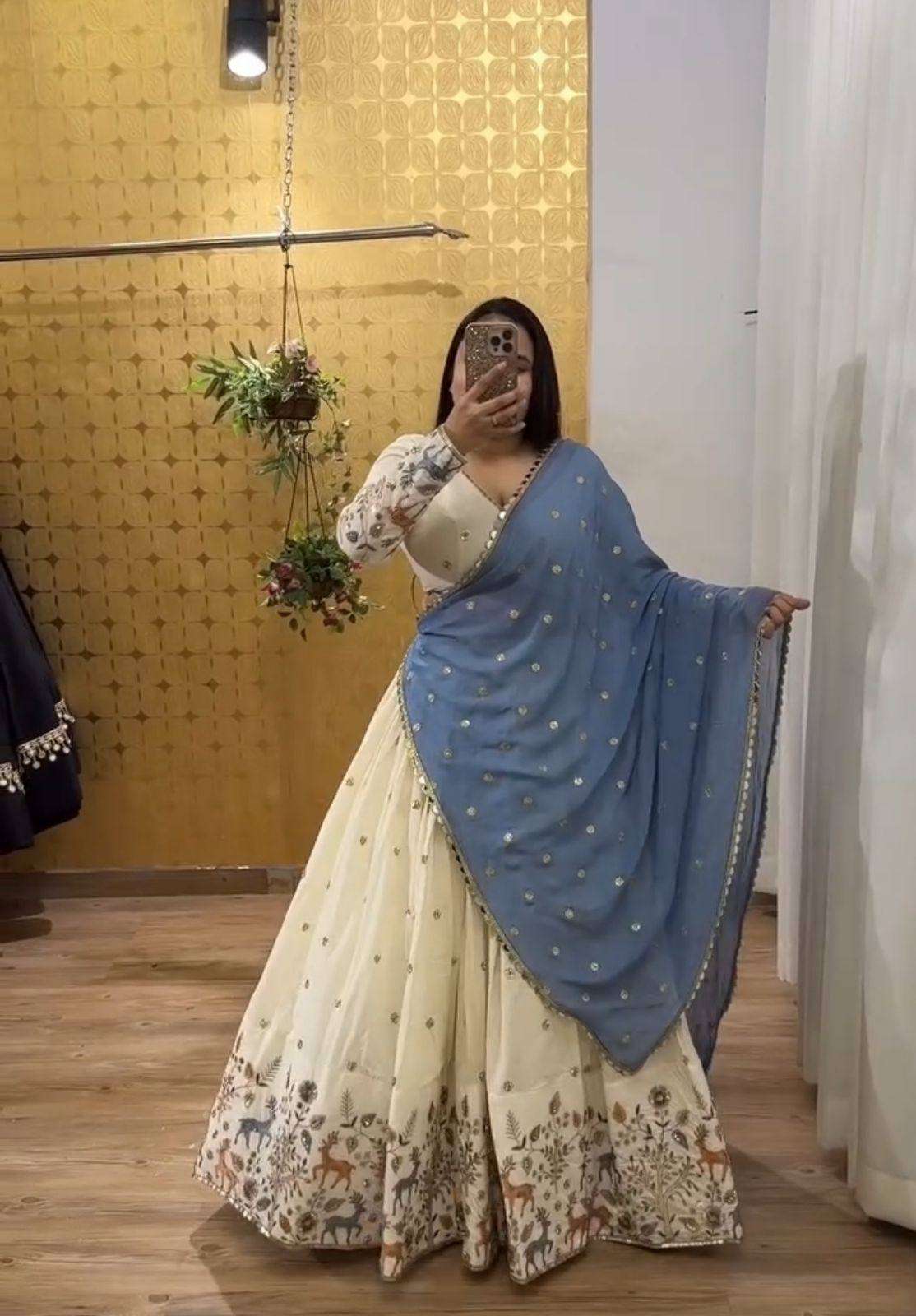 Elegant Cotton Lehenga Choli in Ivory with Blue Dupatta