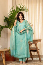 Turquoise Mul Chanderi Priya Suit Set – Diwali & Wedding Special