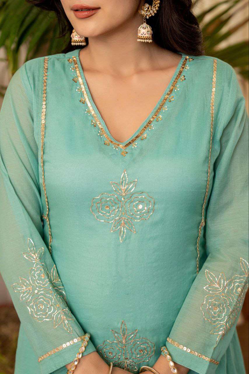 Turquoise Mul Chanderi Priya Suit Set – Diwali & Wedding Special