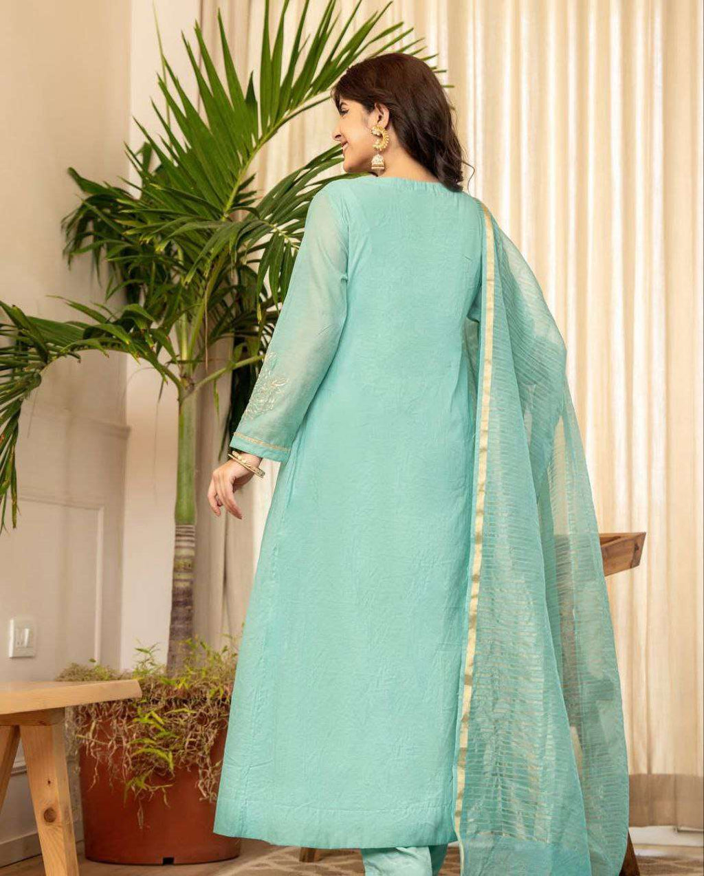 Turquoise Mul Chanderi Priya Suit Set – Diwali & Wedding Special