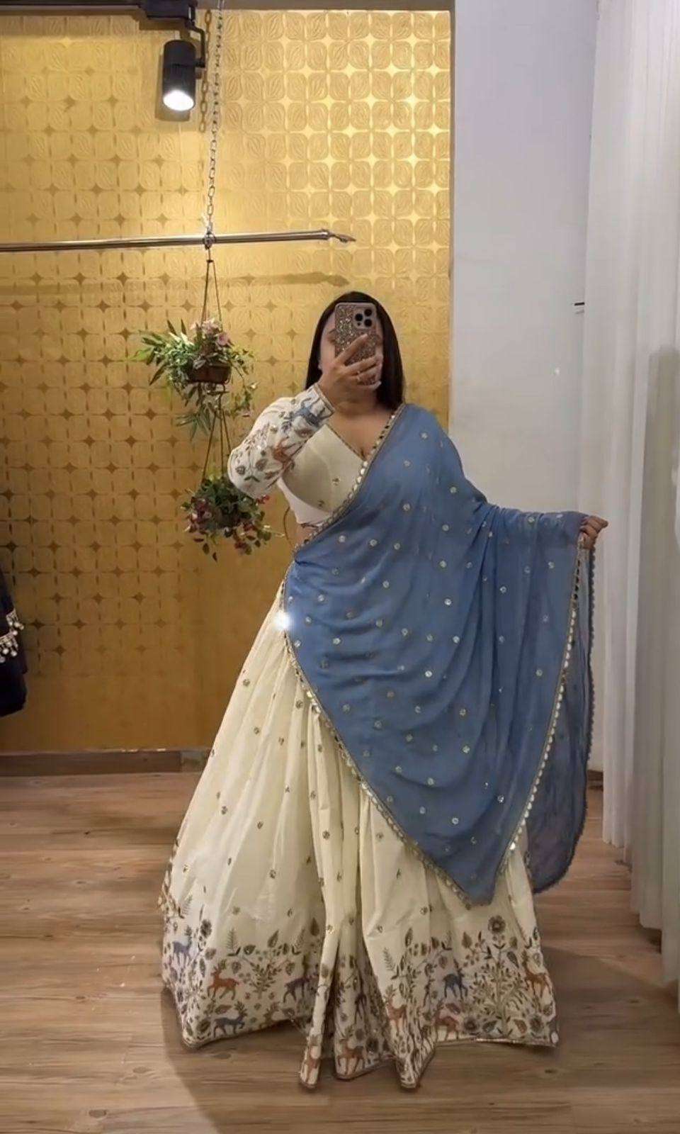 Elegant Cotton Lehenga Choli in Ivory with Blue Dupatta