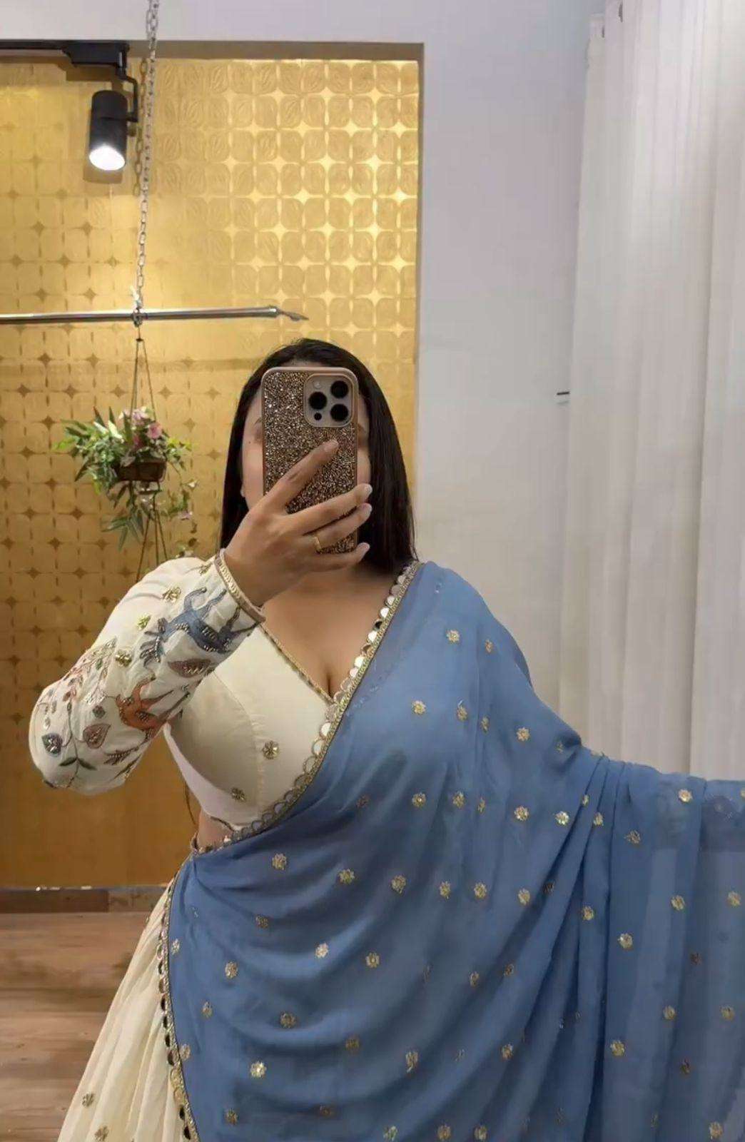 Elegant Cotton Lehenga Choli in Ivory with Blue Dupatta