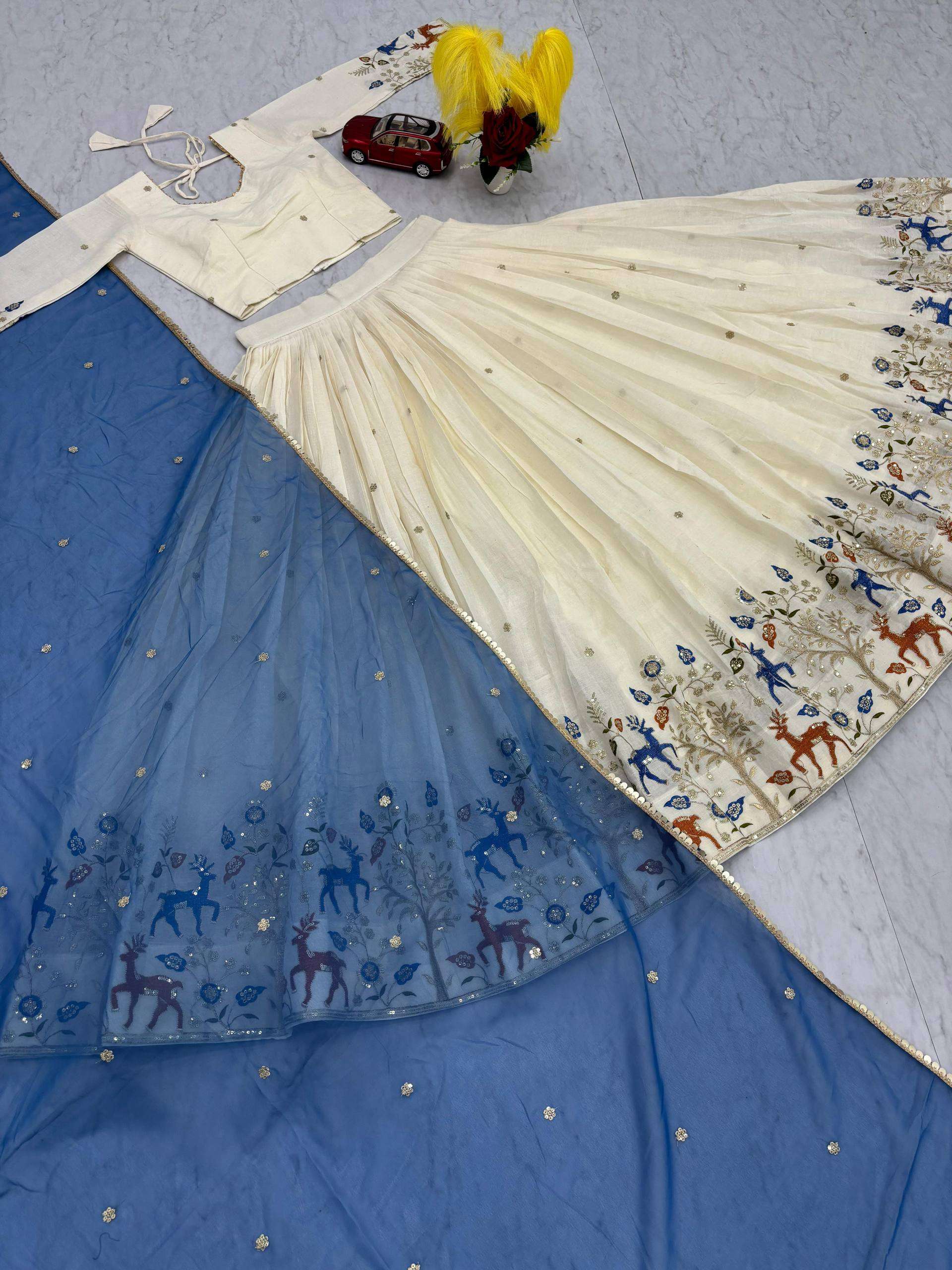Elegant Cotton Lehenga Choli in Ivory with Blue Dupatta