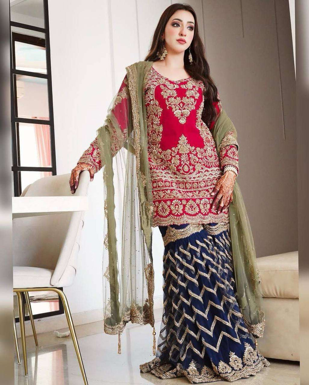Red Designer Party Wear Top-Palazzo Set with Dupatta - Heavy Embroidery Work