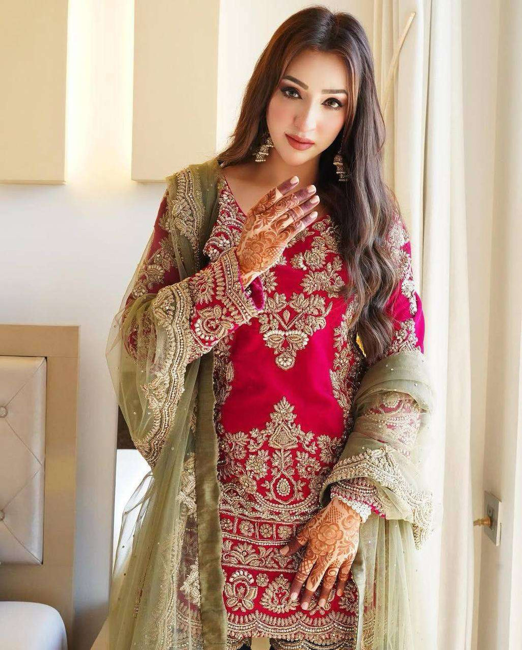 Red Designer Party Wear Top-Palazzo Set with Dupatta - Heavy Embroidery Work