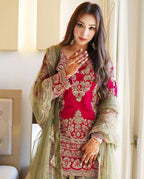 Red Designer Party Wear Top-Palazzo Set with Dupatta - Heavy Embroidery Work