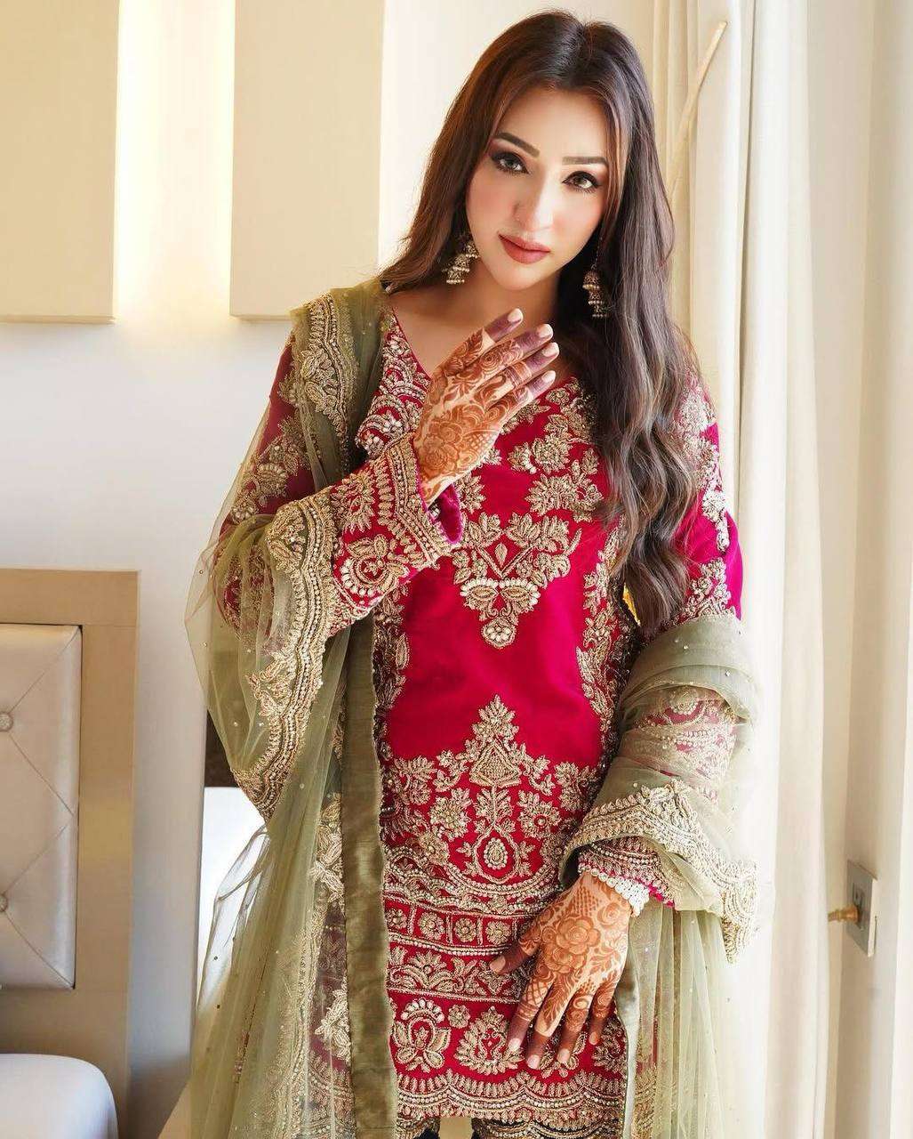 Red Designer Party Wear Top-Palazzo Set with Dupatta - Heavy Embroidery Work