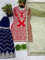 Red Designer Party Wear Top-Palazzo Set with Dupatta - Heavy Embroidery Work