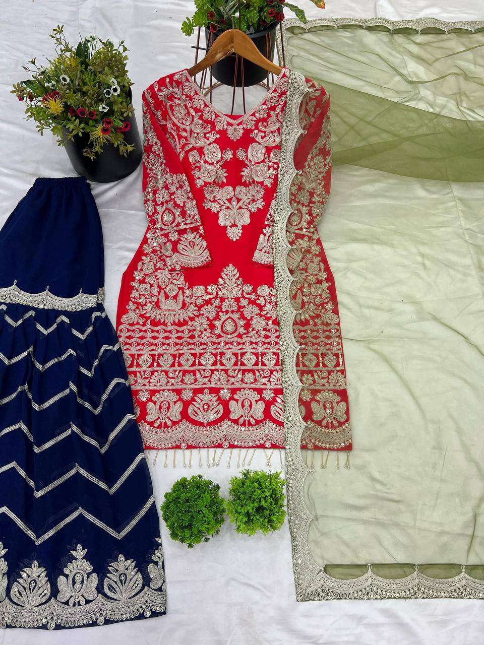 Red Designer Party Wear Top-Palazzo Set with Dupatta - Heavy Embroidery Work