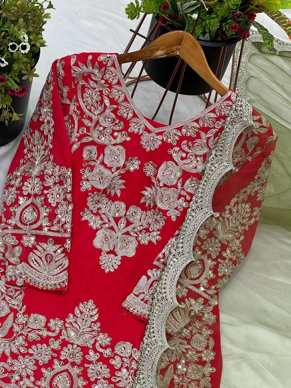 Red Designer Party Wear Top-Palazzo Set with Dupatta - Heavy Embroidery Work