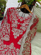 Red Designer Party Wear Top-Palazzo Set with Dupatta - Heavy Embroidery Work